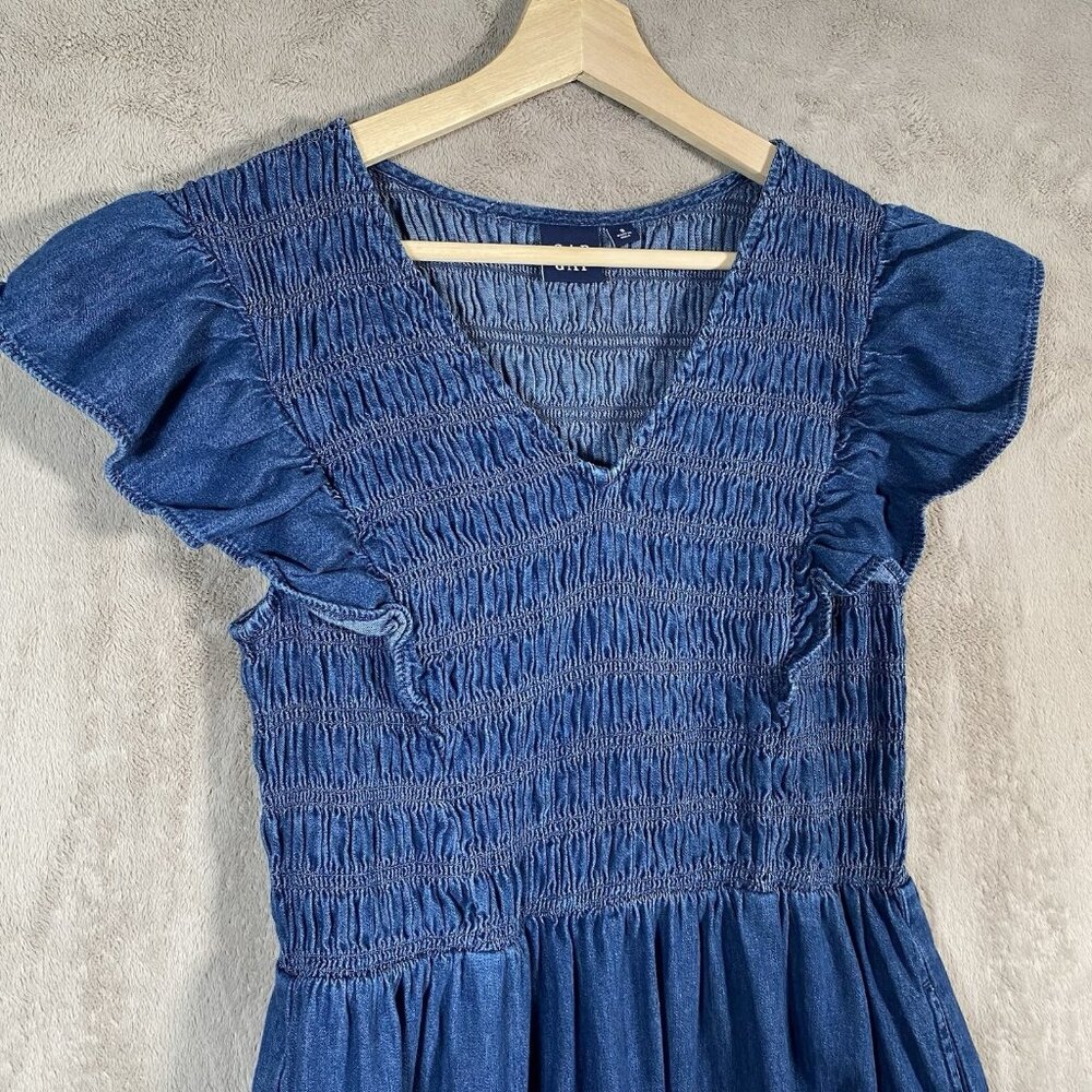 GAP 100% Organic Cotton Denim Ruffle Sleeve Smocked Midi Dress Size S Pockets - Picture 5 of 15